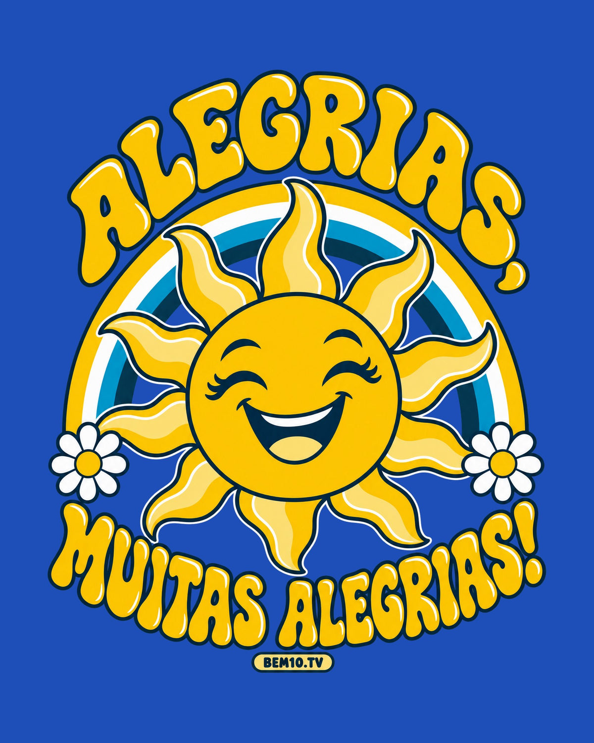 Detalhe da estampa Alegrias, Muitas Alegrias! sobre malha azul-royal