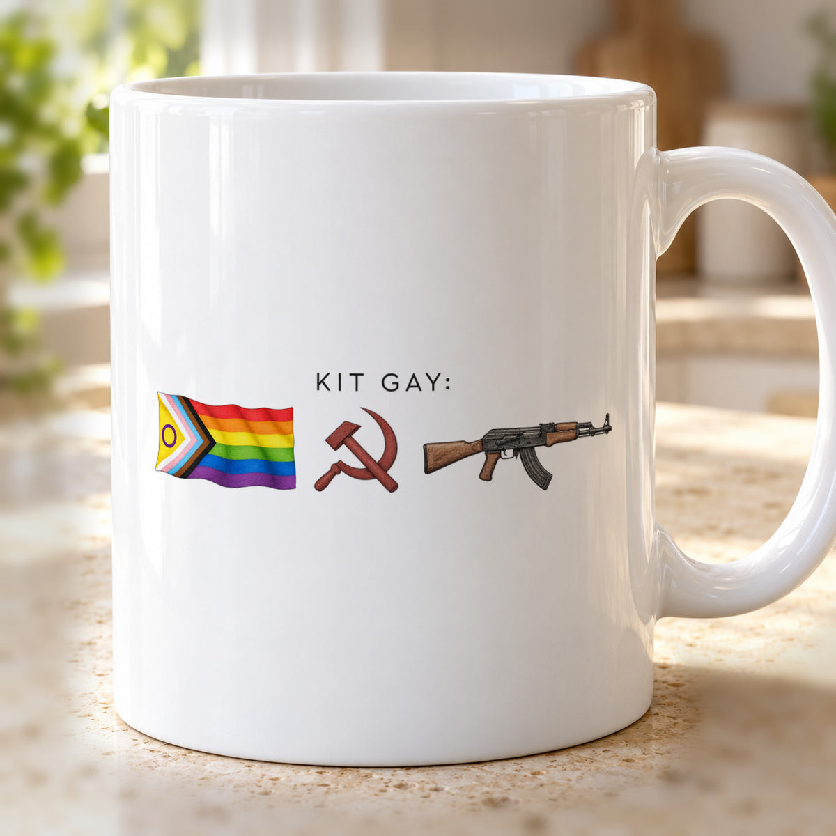 Caneca Kit Gay Raiz: detalhe da estampa. Imagem ilustrativa.