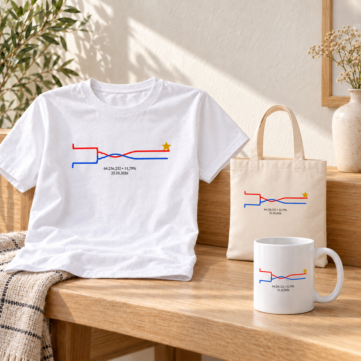 Mockup ilustrativo do KIT da Virada em ambiente: camiseta branca, ecobag P compacta e uma caneca branca.