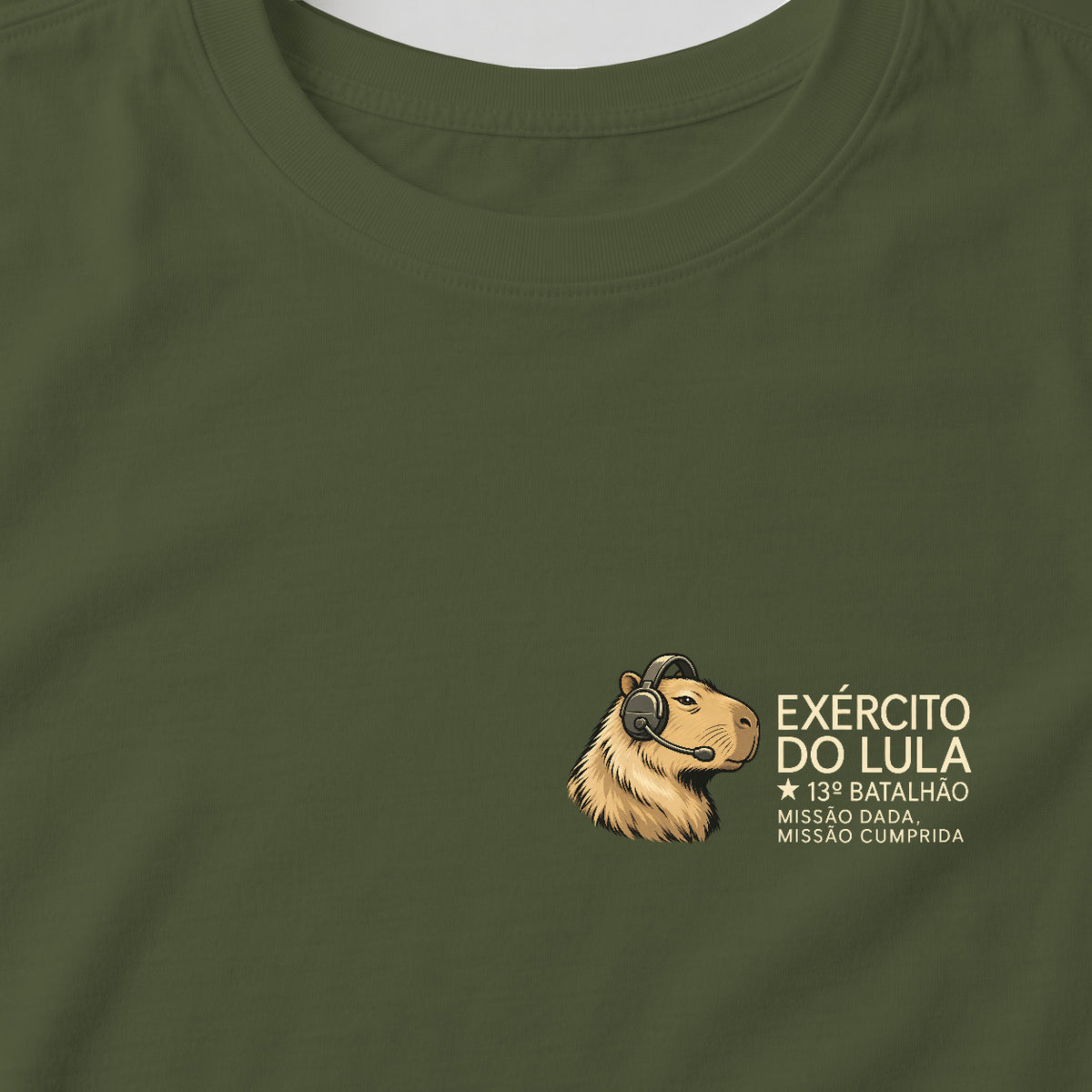 Camiseta Exército do Lula Discreto · verde-musgo · feminina: detalhe da estampa. Imagem ilustrativa.