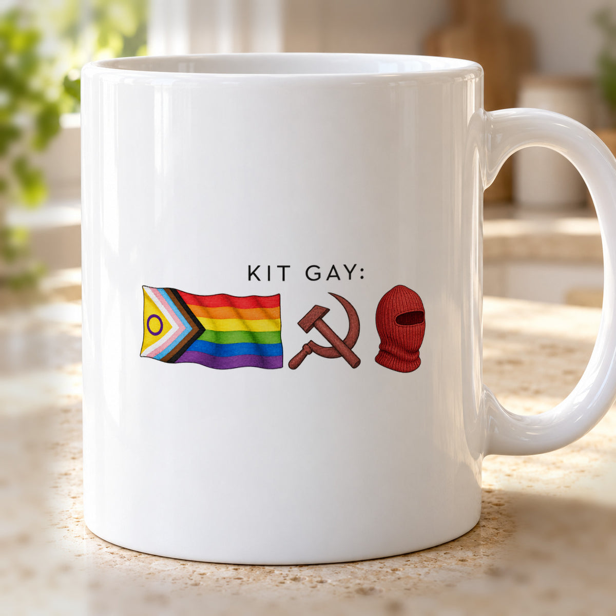 Caneca Kit Gay Light: detalhe da estampa. Imagem ilustrativa.