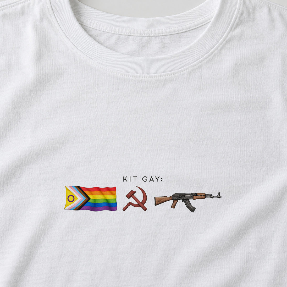 Camiseta Kit Gay Raiz · Branca · masculina: detalhe da estampa. Imagem ilustrativa.