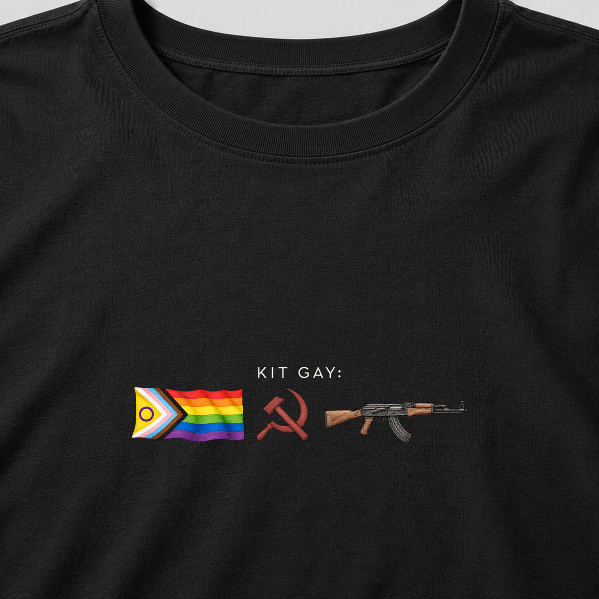 Camiseta Kit Gay Raiz · Preta · feminina: detalhe da estampa. Imagem ilustrativa.