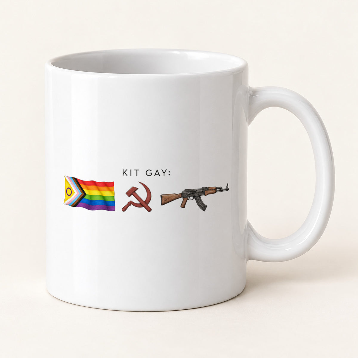 Caneca Kit Gay Raiz: caneca de frente. Imagem ilustrativa.