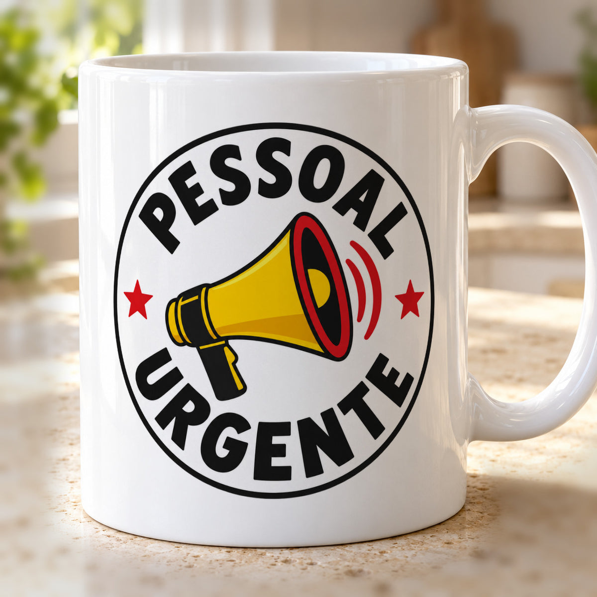 Caneca Pessoal, URGENTE!: detalhe da estampa. Imagem ilustrativa.