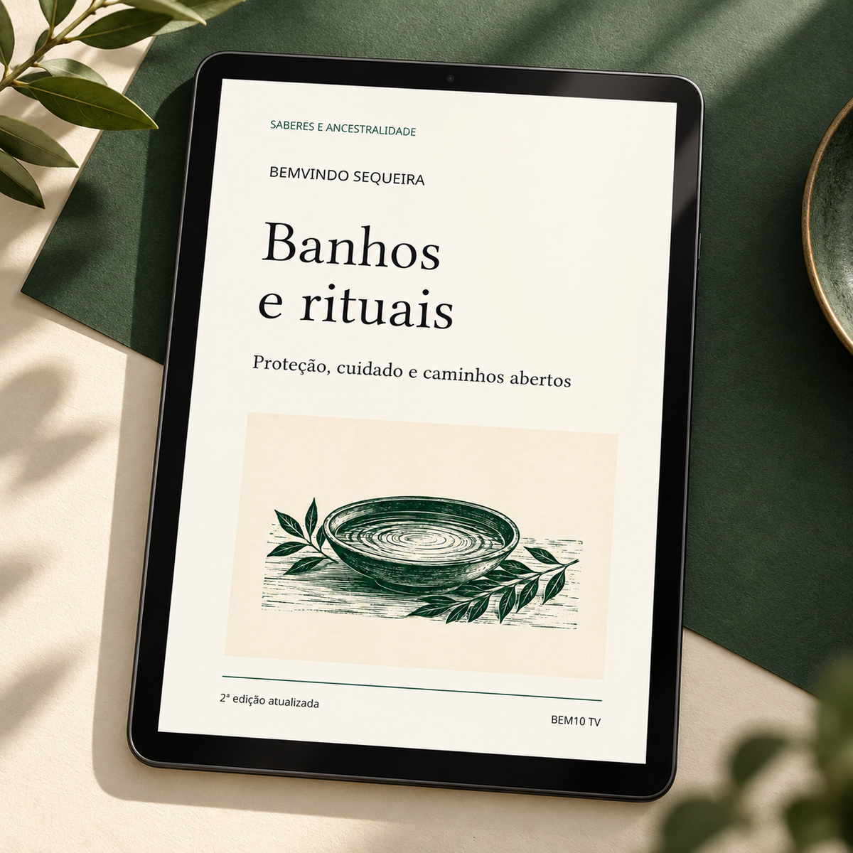 Banhos e rituais, de Bemvindo Sequeira: detalhe da capa no tablet.