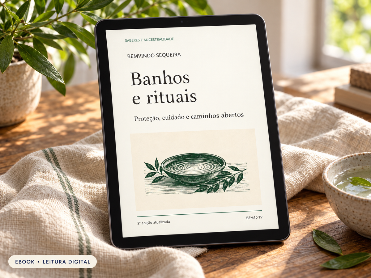 Livro digital Banhos e rituais, de Bemvindo Sequeira, apresentado em um tablet.