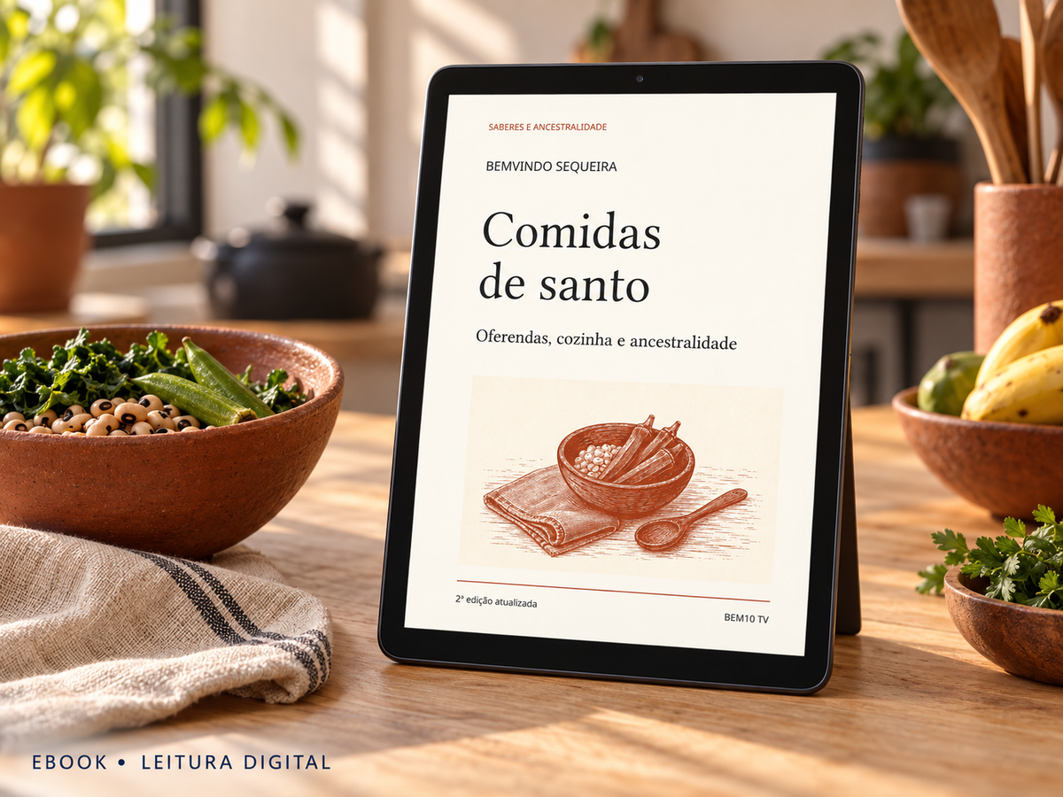Comidas de santo, de Bemvindo Sequeira, em leitura digital no tablet.