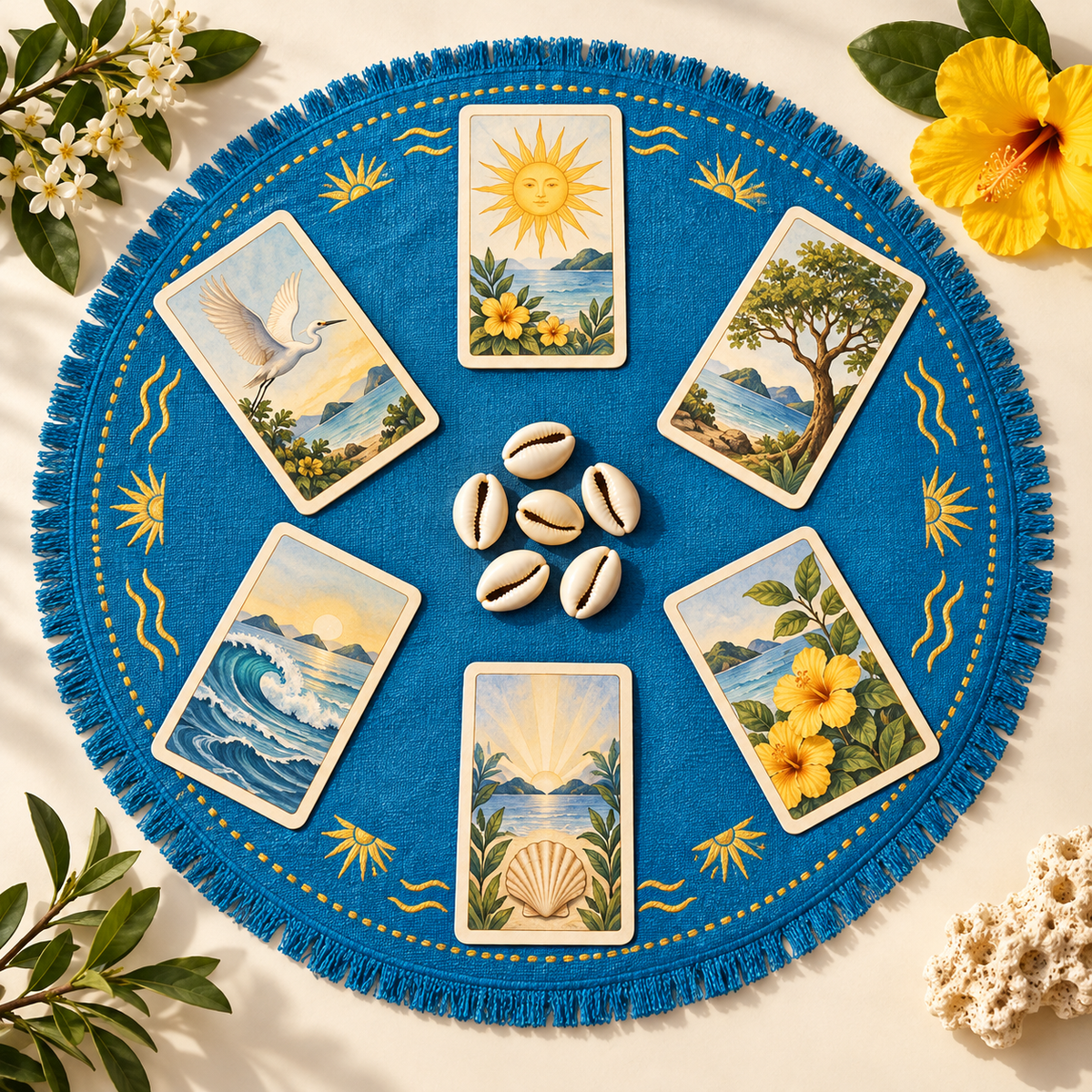 Ilustração da consulta coletiva: seis cartas em roda e búzios no centro, sobre tecido azul.