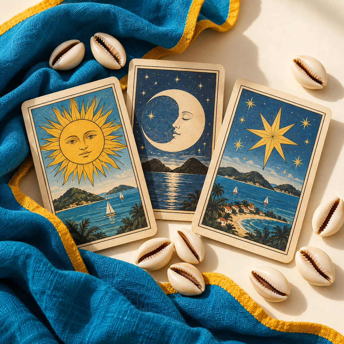 Ilustração da consulta individual: cartas de tarot e búzios sobre tecido azul, em fundo claro.