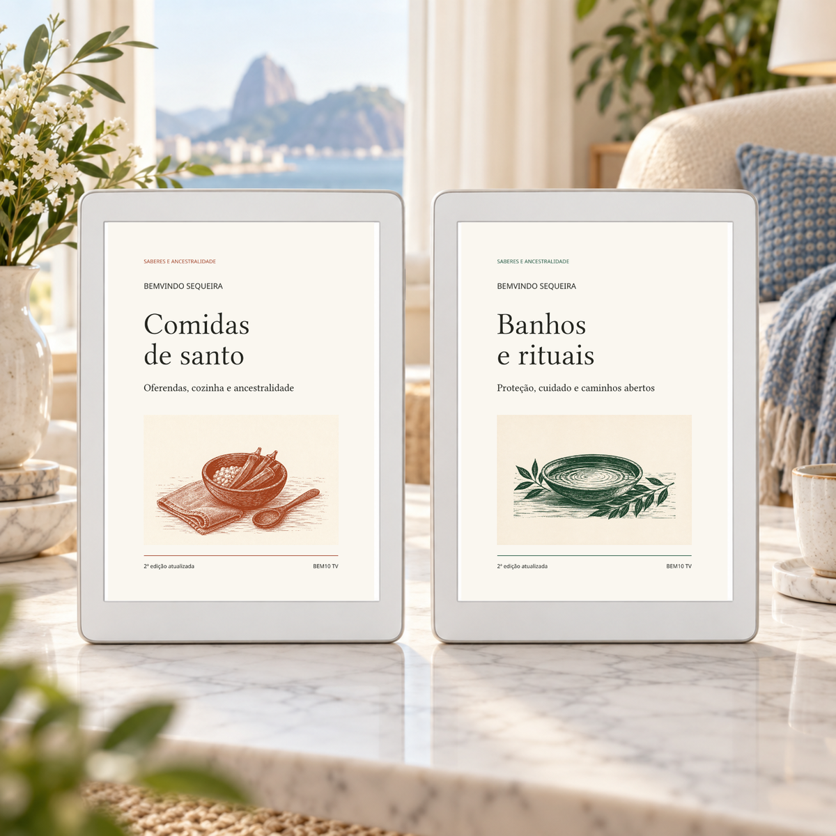 Combo Saberes e Ancestralidade — 2 ebooks de Bemvindo. Capa original em cenário ilustrativo de leitura digital; aparelho e objetos não incluídos.