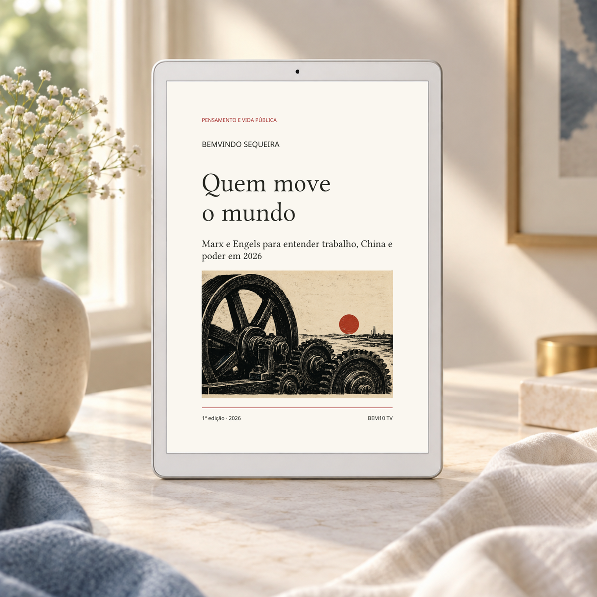 Quem move o mundo — Marx e Engels em 2026. Capa original em cenário ilustrativo de leitura digital; aparelho e objetos não incluídos.