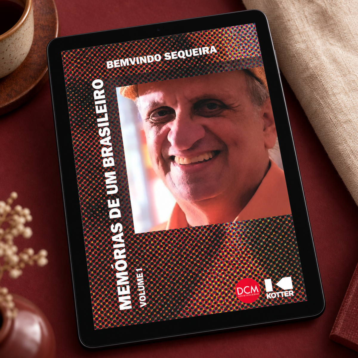 Detalhe da capa do volume I de Memórias de um brasileiro em tablet.