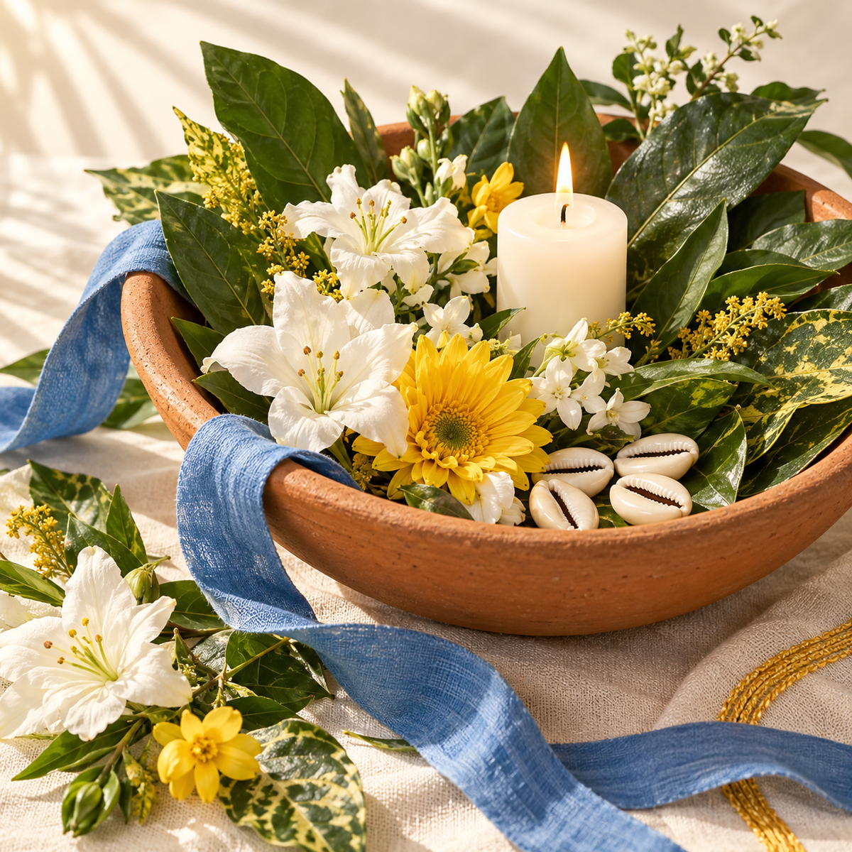 Ilustração simbólica de oferenda aos Orixás: flores claras, folhas, búzios e uma vela. A composição varia conforme o Orixá escolhido.