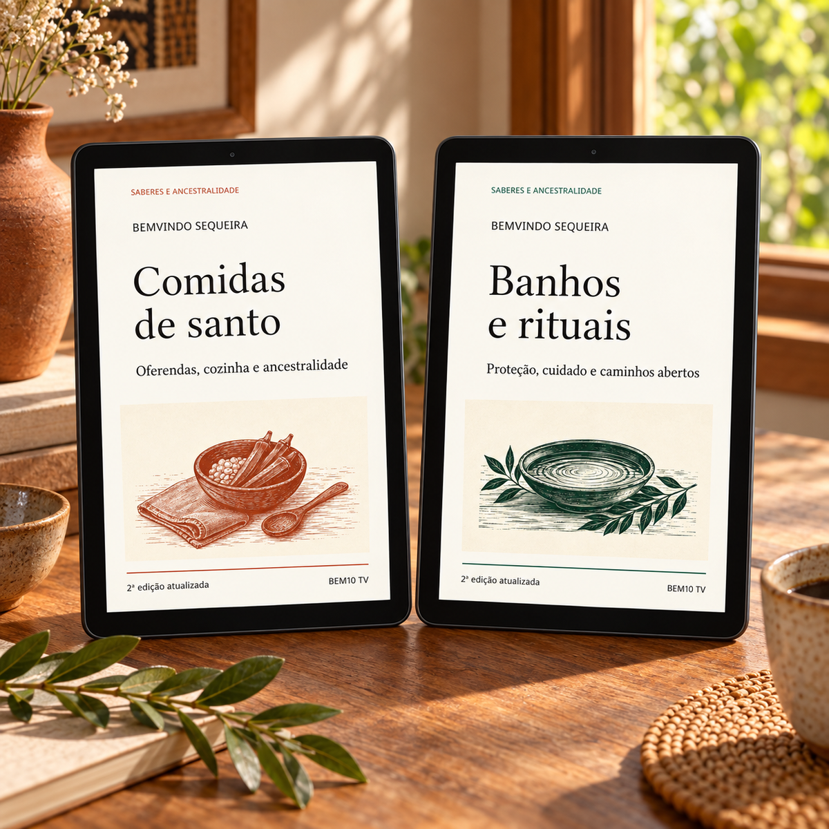 Combo de dois ebooks: Comidas de santo e Banhos e rituais, em tablets.