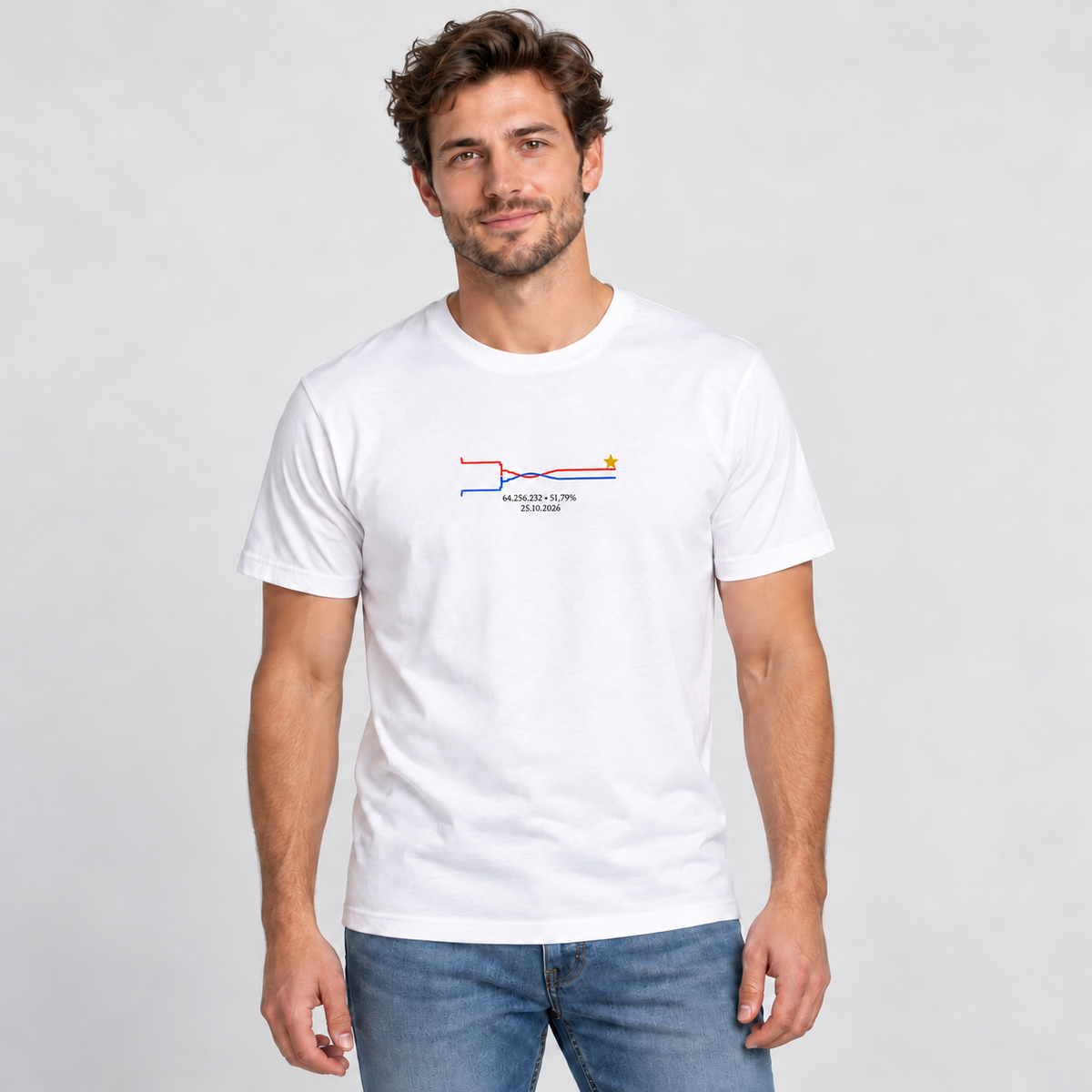Mockup ilustrativo de camiseta branca da Virada em modelo masculino. Representação da arte; consulte a linha e a modelagem selecionadas.