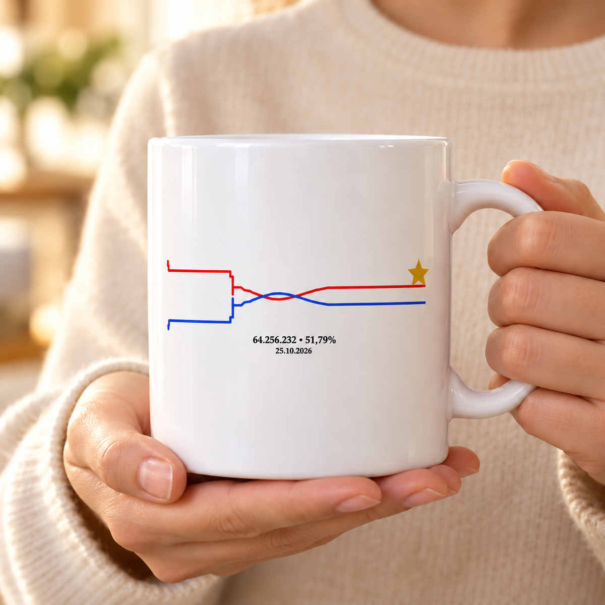 Mockup ilustrativo da caneca branca da Virada de 325 ml sendo segurada pelas mãos; venda de uma caneca.