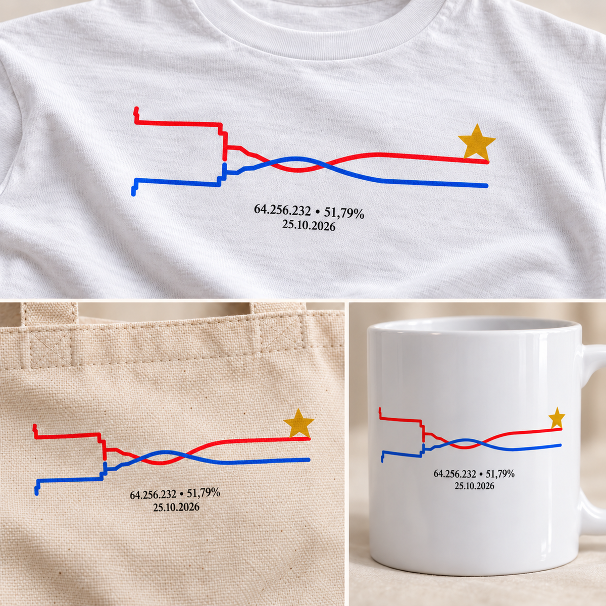 Detalhes ilustrativos da arte da Virada na camiseta, ecobag e caneca. Imagens de referência visual; o material depende da linha selecionada.
