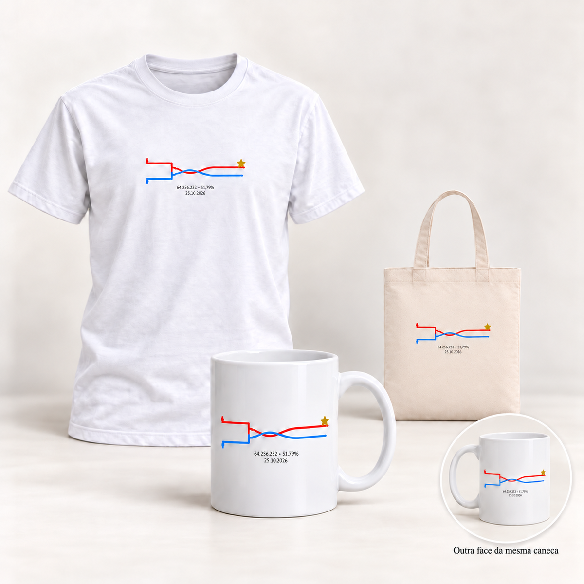 Mockup ilustrativo do KIT da Virada: camiseta branca, ecobag P compacta de 28 × 30 cm e uma caneca. O detalhe mostra a outra face da mesma caneca.