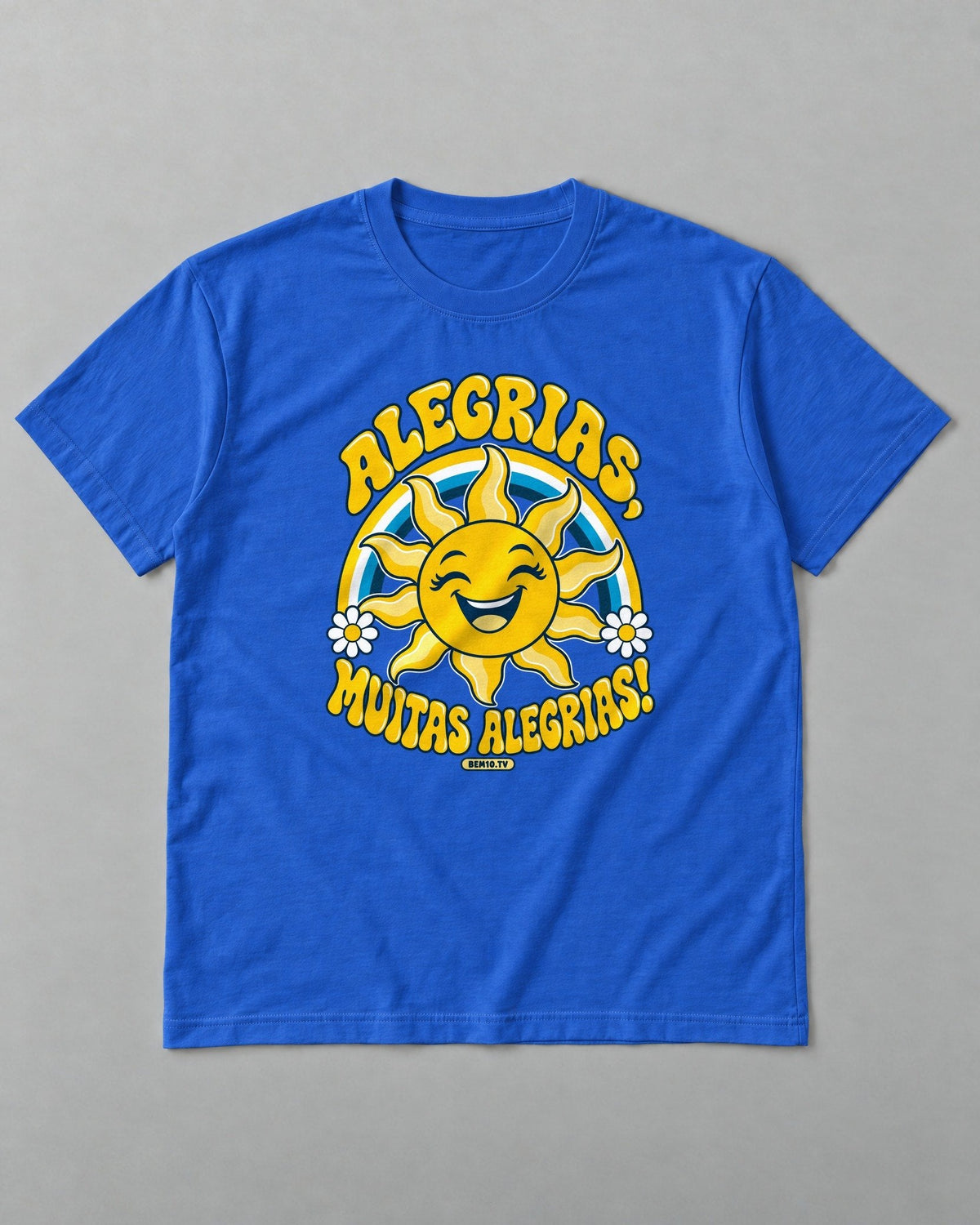 Kit Muitas Alegrias: camiseta azul-royal com o sol que gargalha
