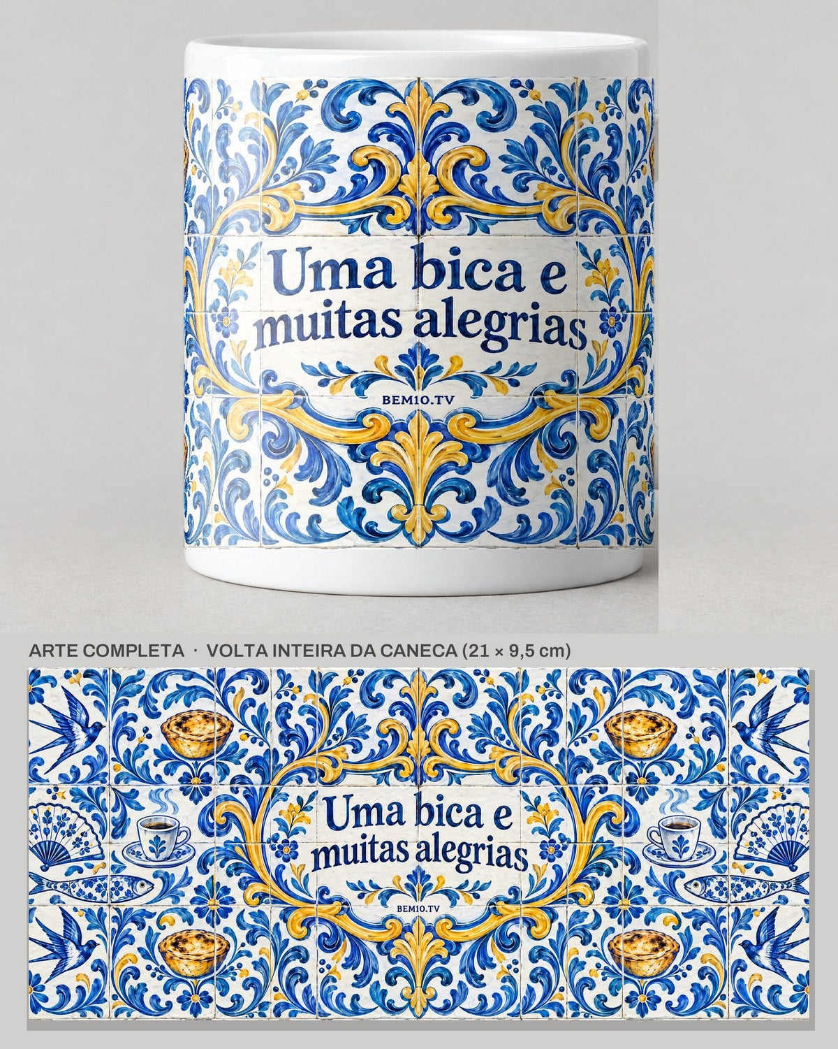 Caneca Azulejo · Uma Bica e Muitas Alegrias, de porcelana, que vem no kit