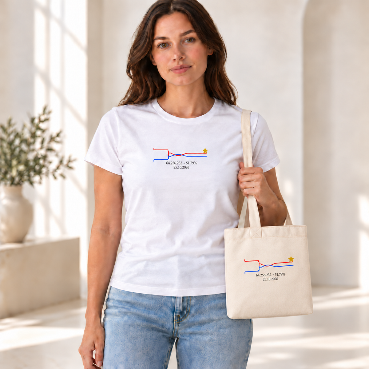 Mockup ilustrativo de camiseta branca da Virada em modelo feminino, em composição com ecobag compacta. Na camiseta avulsa, a ecobag não acompanha.